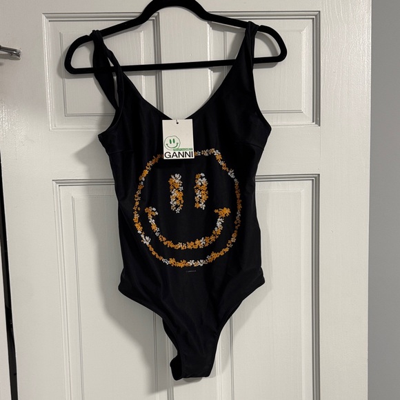 Ganni Black Bathingsuit with Floral Smiley Design - Picture 1 of 3